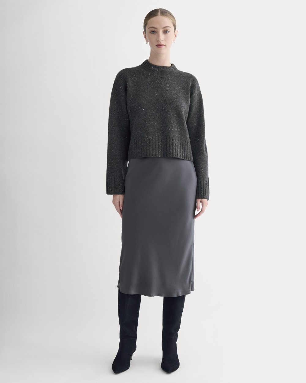 Cropped Boxy Crew in Luxe Merino | Heathered Black Donegal
