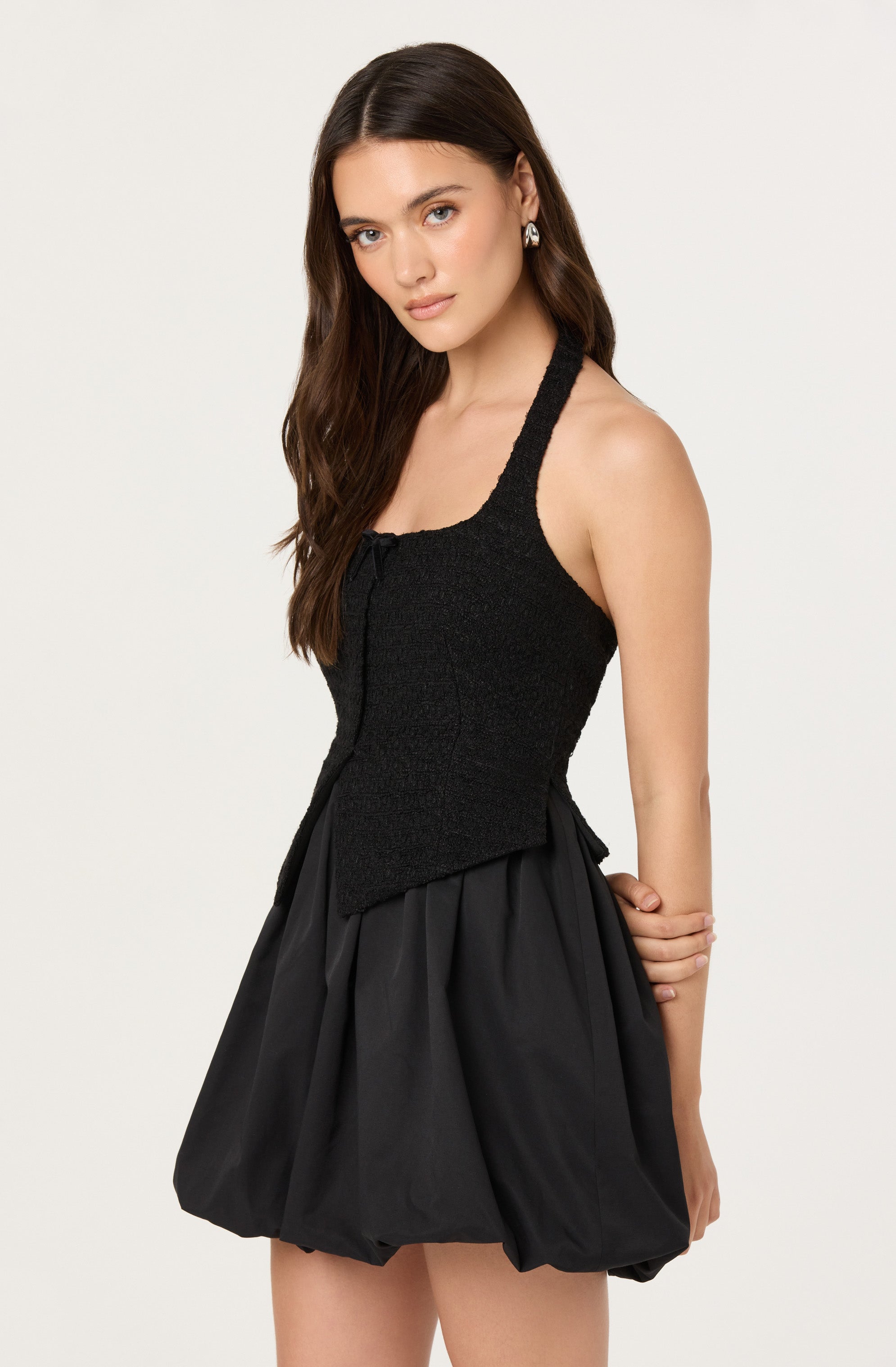 Giavanna Mixed Media Halter Mini Dress