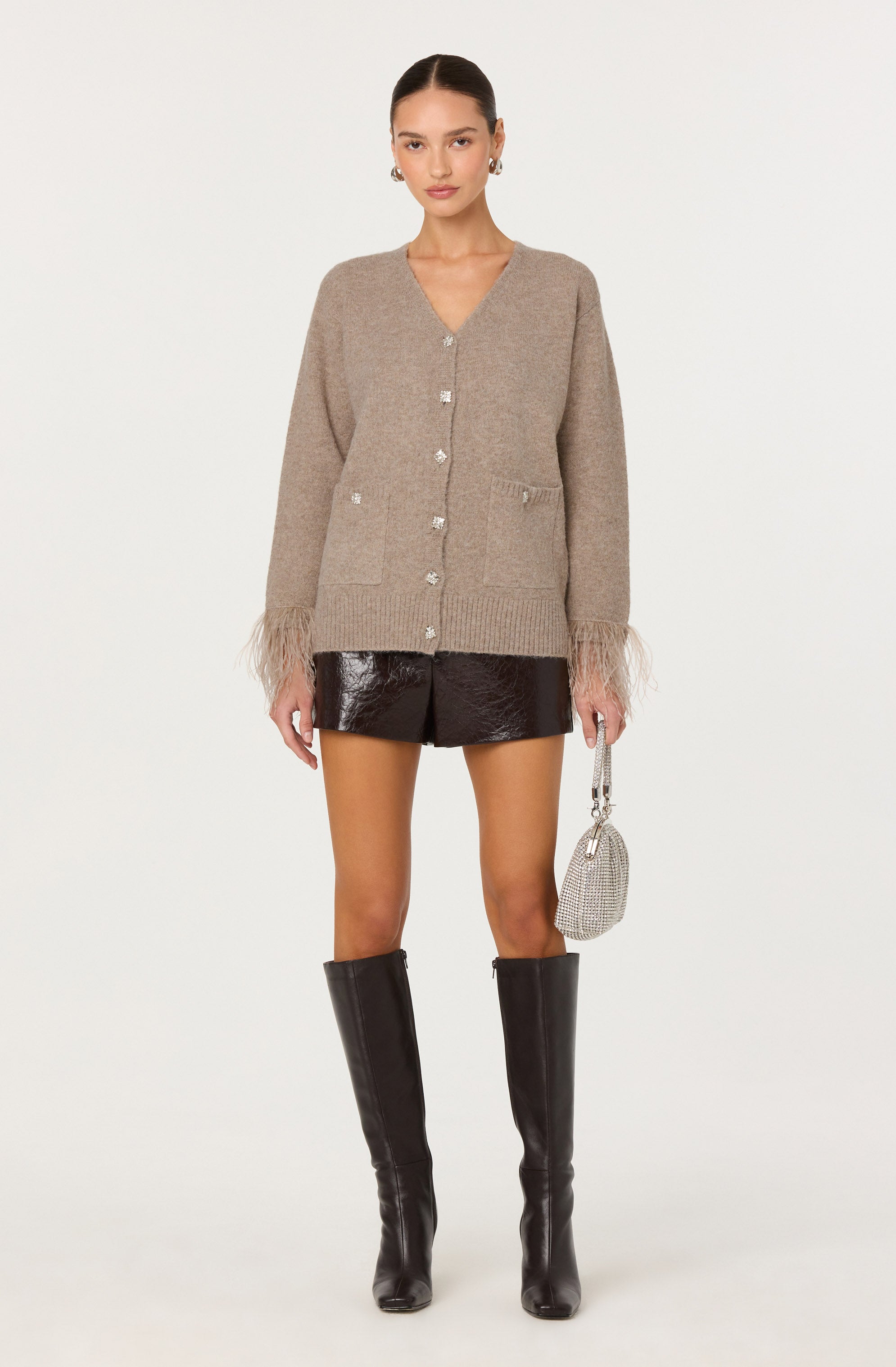Grie Embellished Feather Trim Cardigan