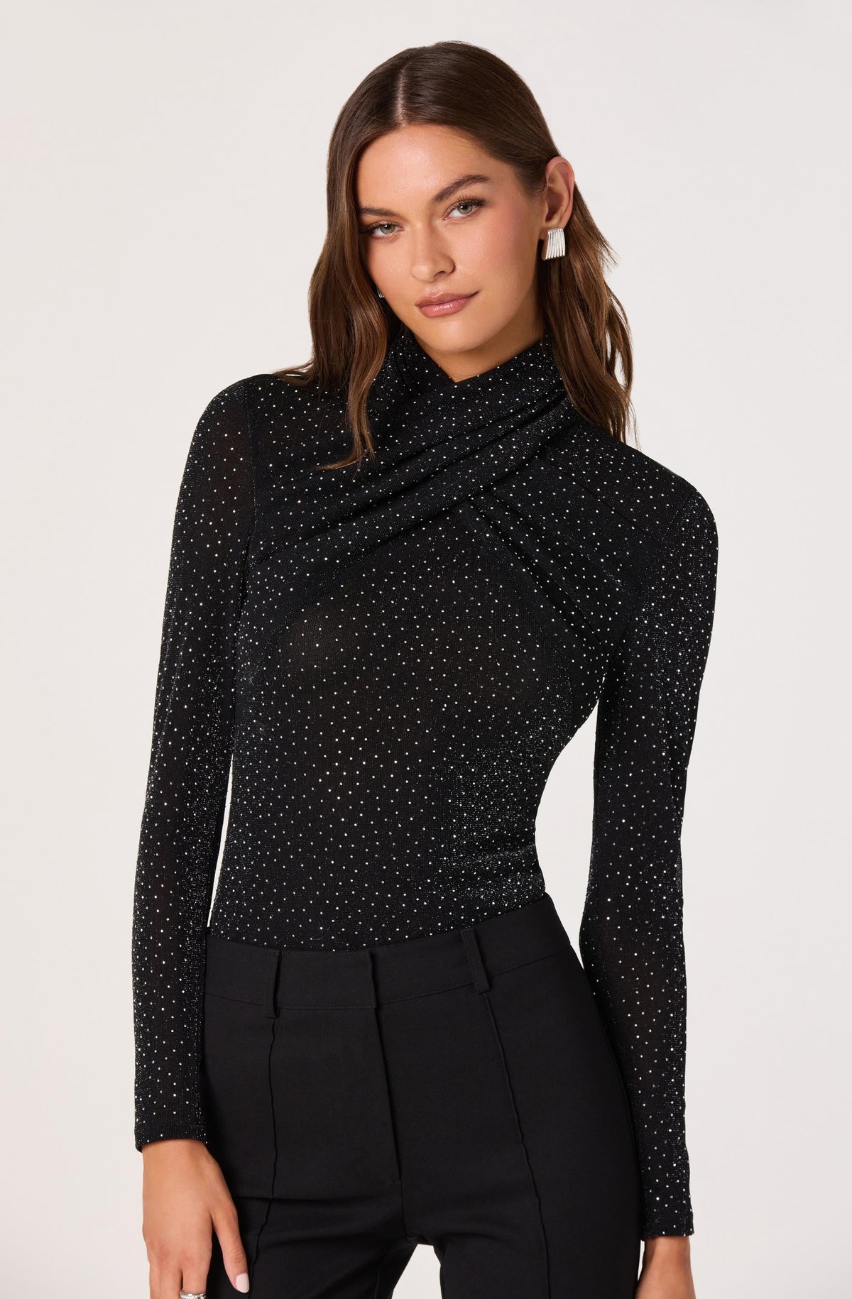 Embellished Crossover Mock Neck Top